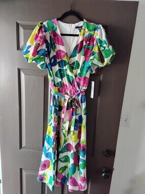 Maggie London Vibrant Multicolor Puff-Sleeve Midi Dress Size 8